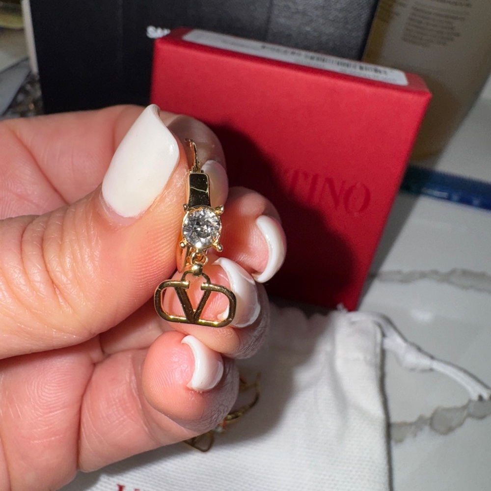 Valentino Gold Logo Earrings with Sparkling Accents